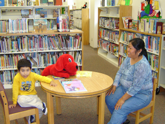 A mother and her son enjoy reading in the library.